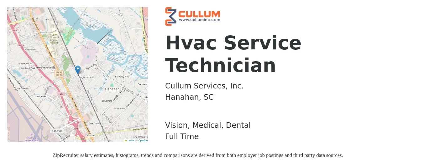 Cullum Services, Inc. job posting for a Hvac Service Technician in Hanahan, SC with a salary of $22 to $32 Hourly and benefits including dental, life_insurance, medical, retirement, and vision with a map of Hanahan location.