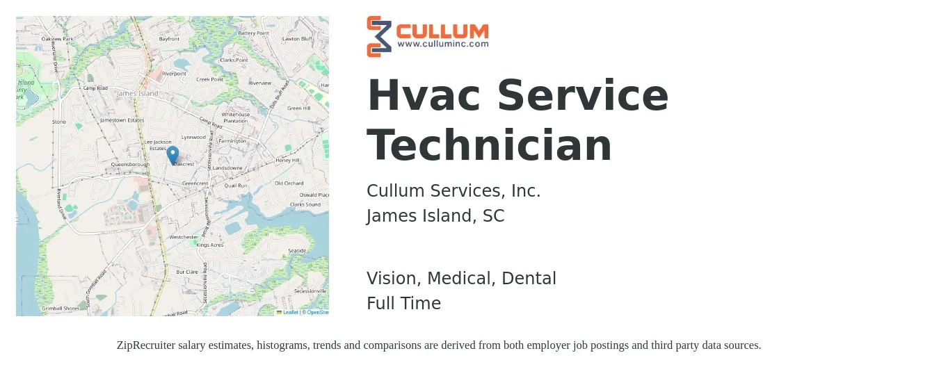 Cullum Services, Inc. job posting for a Hvac Service Technician in James Island, SC with a salary of $24 to $33 Hourly and benefits including dental, life_insurance, medical, retirement, and vision with a map of James Island location.