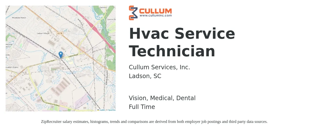 Cullum Services, Inc. job posting for a Hvac Service Technician in Ladson, SC with a salary of $24 to $33 Hourly and benefits including dental, life_insurance, medical, retirement, and vision with a map of Ladson location.
