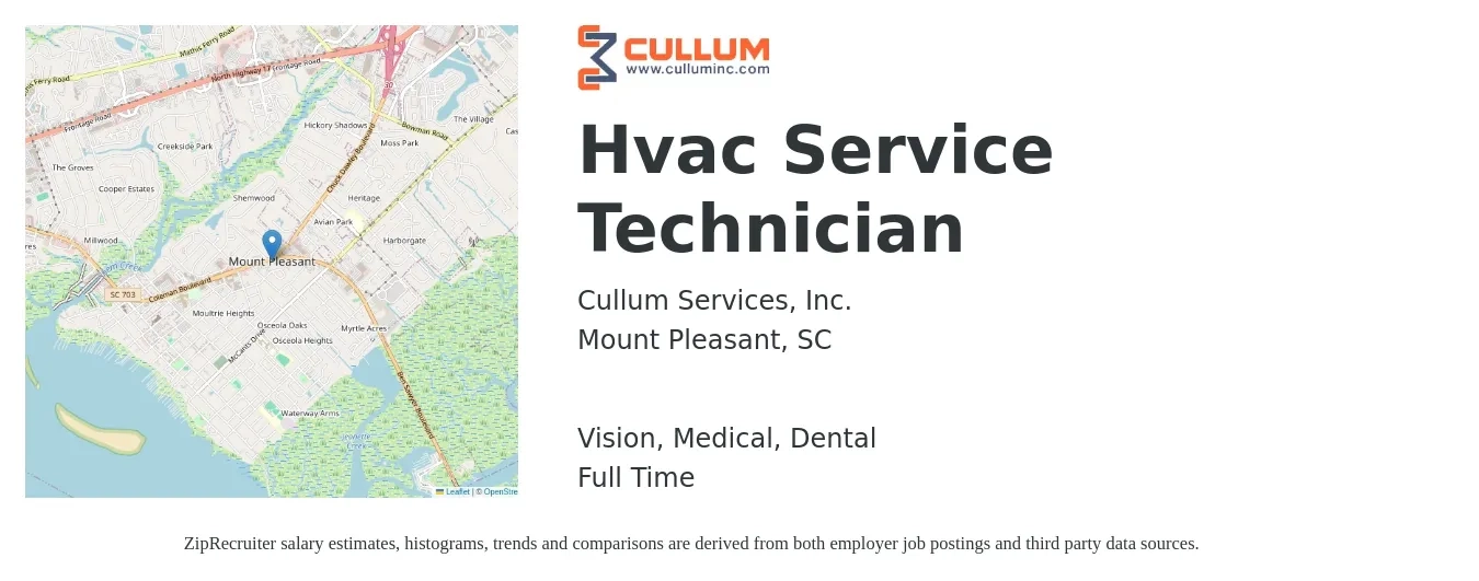 Cullum Services, Inc. job posting for a Hvac Service Technician in Mount Pleasant, SC with a salary of $24 to $34 Hourly and benefits including dental, life_insurance, medical, retirement, and vision with a map of Mount Pleasant location.