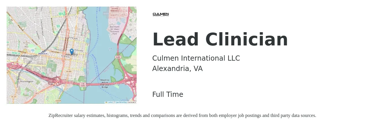 Culmen International LLC job posting for a Lead Clinician in Alexandria, VA with a salary of $64,200 to $96,300 Yearly with a map of Alexandria location.
