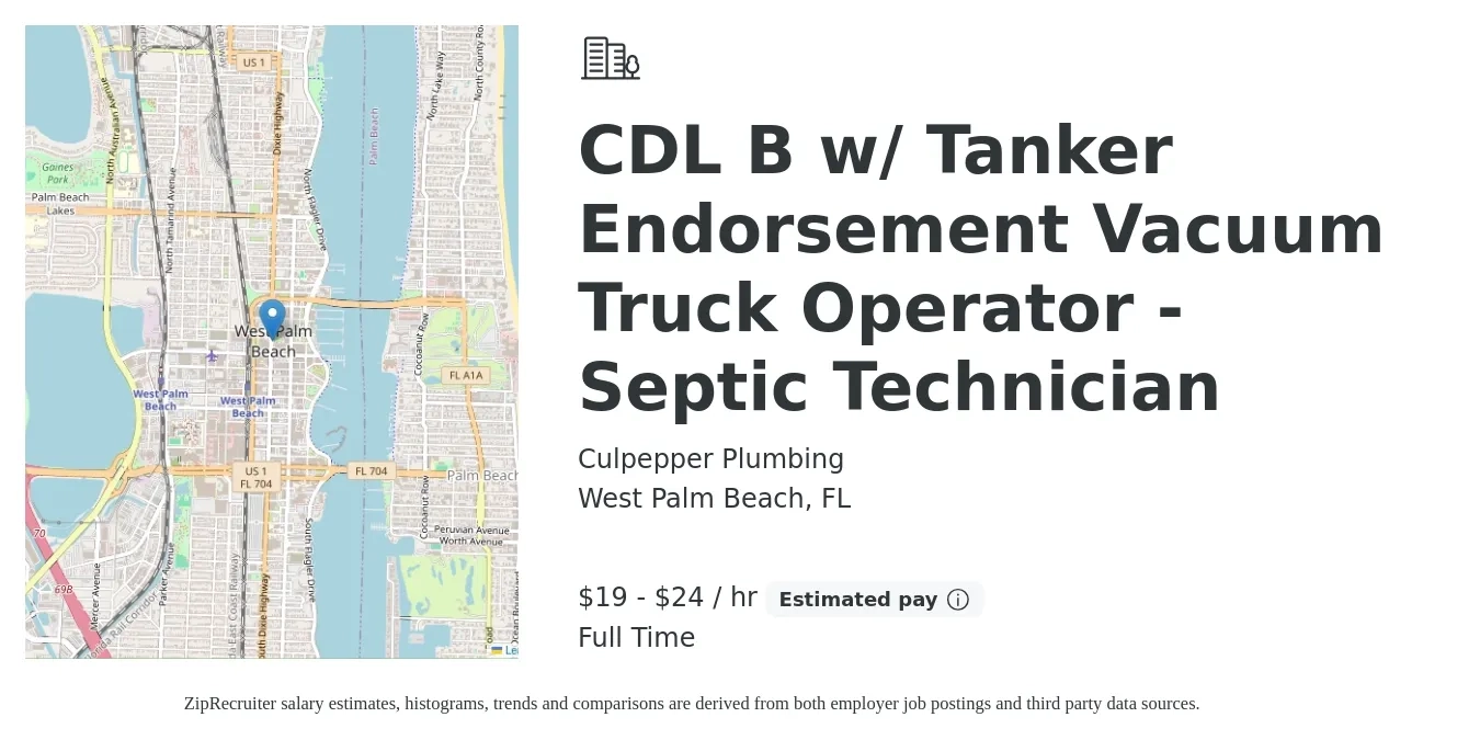 Culpepper Plumbing job posting for a CDL B w/ Tanker Endorsement Vacuum Truck Operator - Septic Technician in West Palm Beach, FL with a salary of $20 to $25 Hourly (plus commission) with a map of West Palm Beach location.