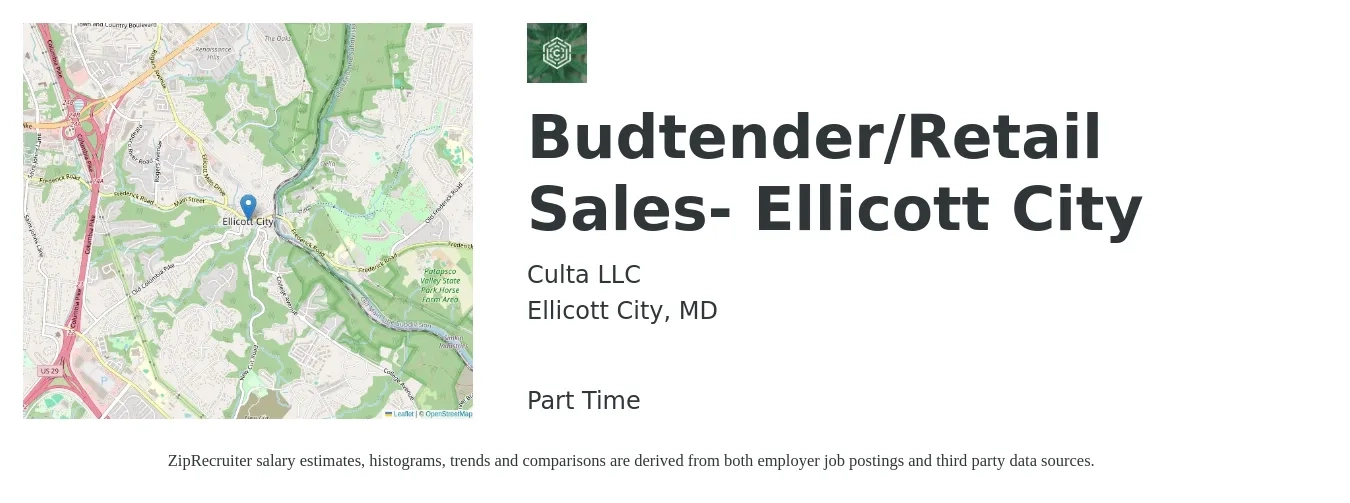 Culta LLC job posting for a Budtender/Retail Sales- Ellicott City in Ellicott City, MD with a salary of $15 to $17 Hourly with a map of Ellicott City location.