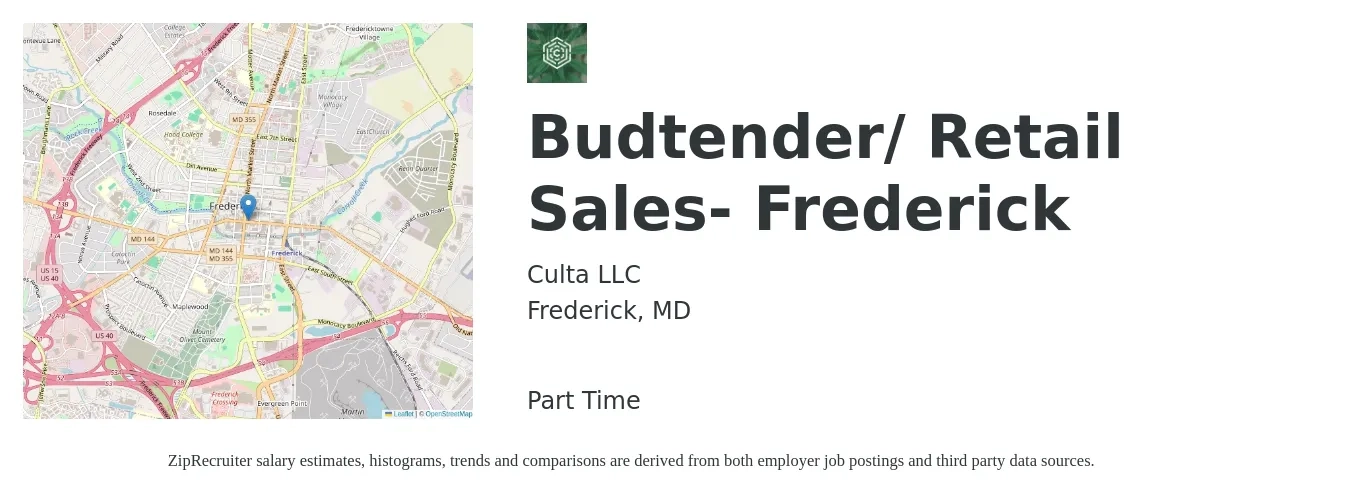 Culta LLC job posting for a Budtender/Retail Sales- Frederick in Frederick, MD with a salary of $15 to $17 Hourly with a map of Frederick location.