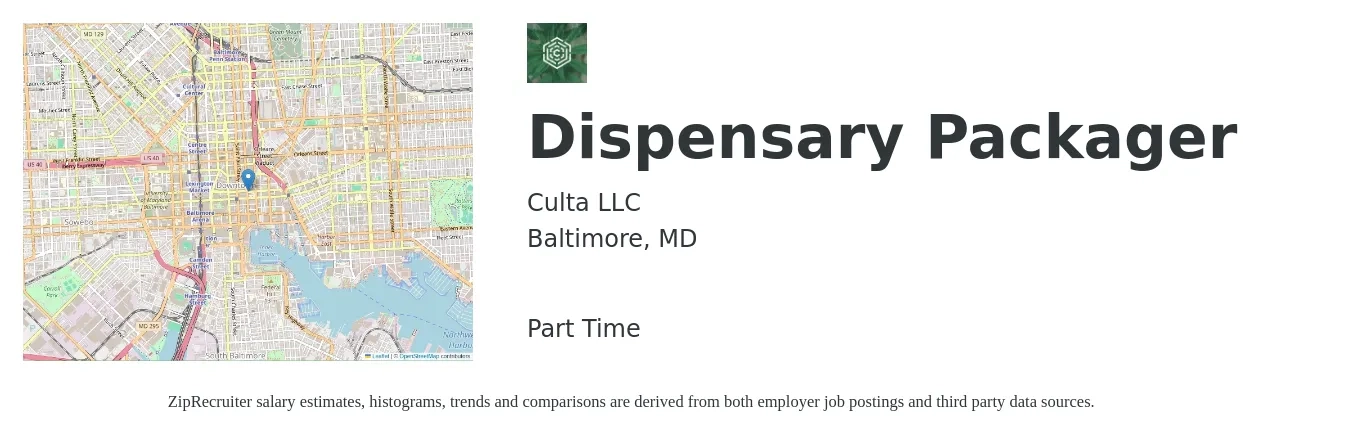 Culta LLC job posting for a Dispensary Packager in Baltimore, MD with a salary of $15 to $18 Hourly with a map of Baltimore location.