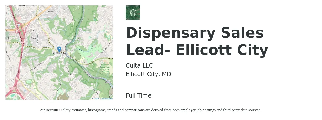 Culta LLC job posting for a Dispensary Sales Lead- Ellicott City in Ellicott City, MD with a salary of $17 to $22 Hourly with a map of Ellicott City location.