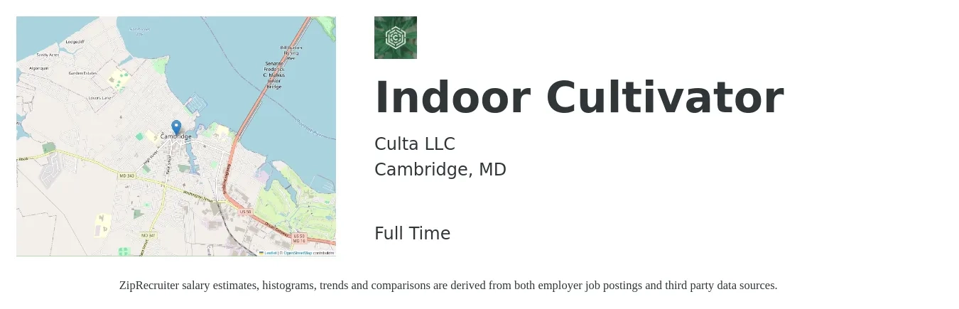 Culta LLC job posting for a Indoor Cultivator in Cambridge, MD with a salary of $18 to $22 Hourly with a map of Cambridge location.