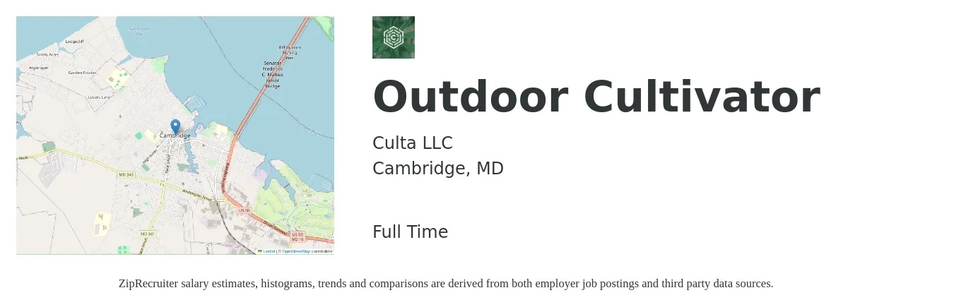 Culta LLC job posting for a Outdoor Cultivator in Cambridge, MD with a salary of $15 to $21 Hourly with a map of Cambridge location.
