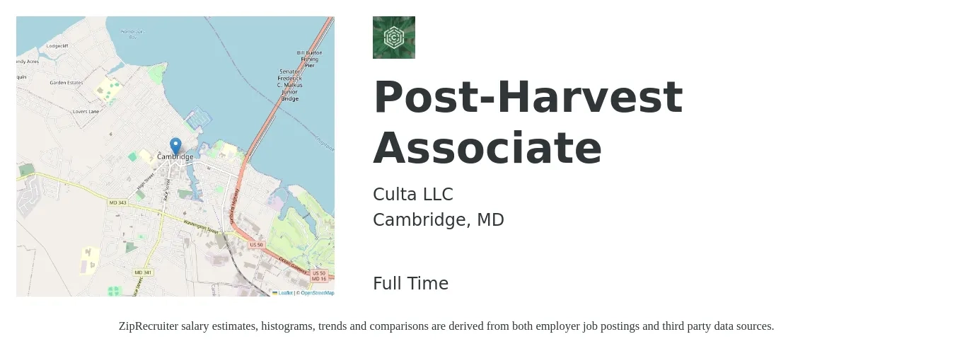Culta LLC job posting for a Post-Harvest Associate in Cambridge, MD with a salary of $17 to $24 Hourly with a map of Cambridge location.