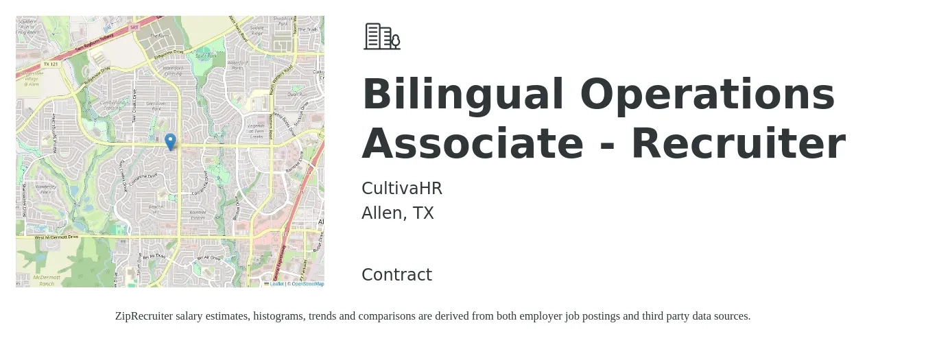CultivaHR job posting for a Bilingual Operations Associate - Recruiter in Allen, TX with a salary of $17 to $29 Hourly with a map of Allen location.
