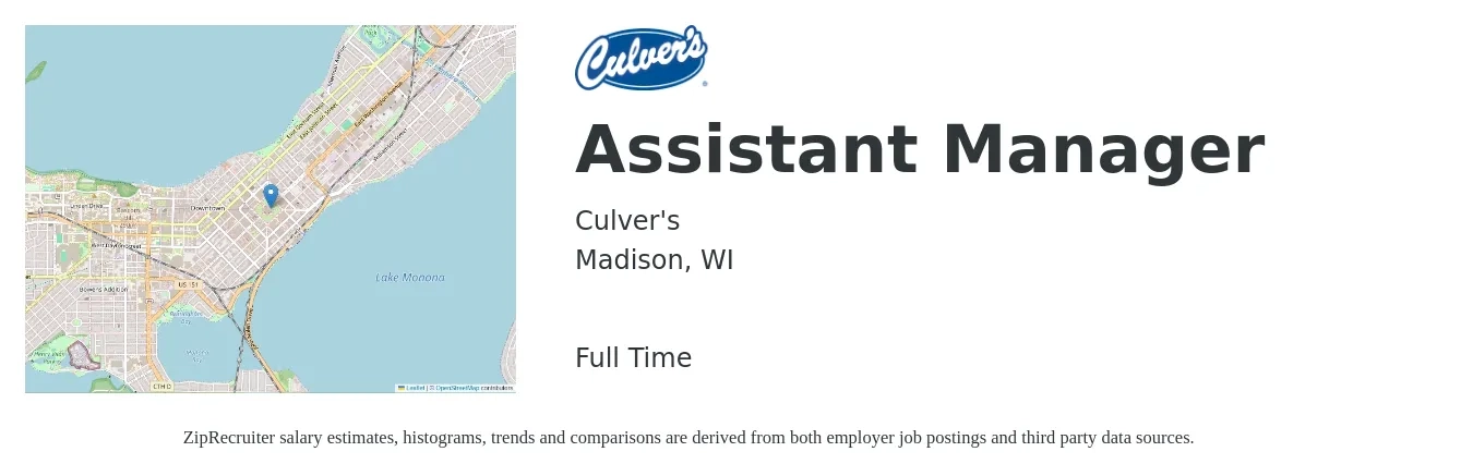Culver's job posting for a Assistant Manager in Madison, WI with a salary of $17 to $25 Hourly with a map of Madison location.
