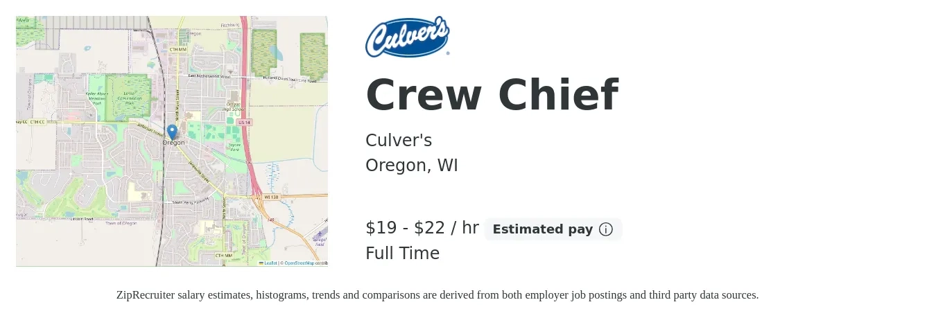 Culver's job posting for a Crew Chief in Oregon, WI with a salary of $20 to $23 Hourly with a map of Oregon location.