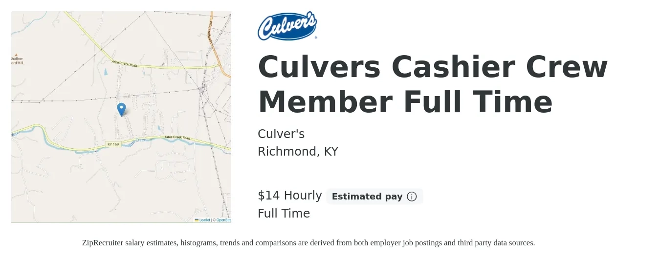 Culver's job posting for a Culvers Cashier Crew Member Full Time in Richmond, KY with a salary of $16 Hourly with a map of Richmond location.