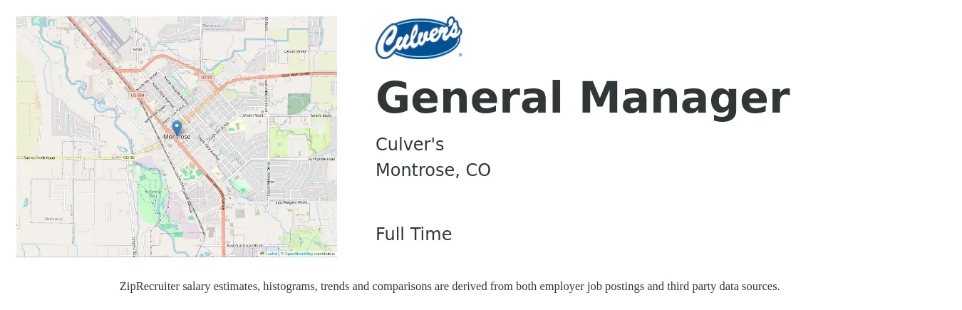 Culver's job posting for a General Manager in Montrose, CO with a salary of $47,100 to $70,400 Yearly with a map of Montrose location.
