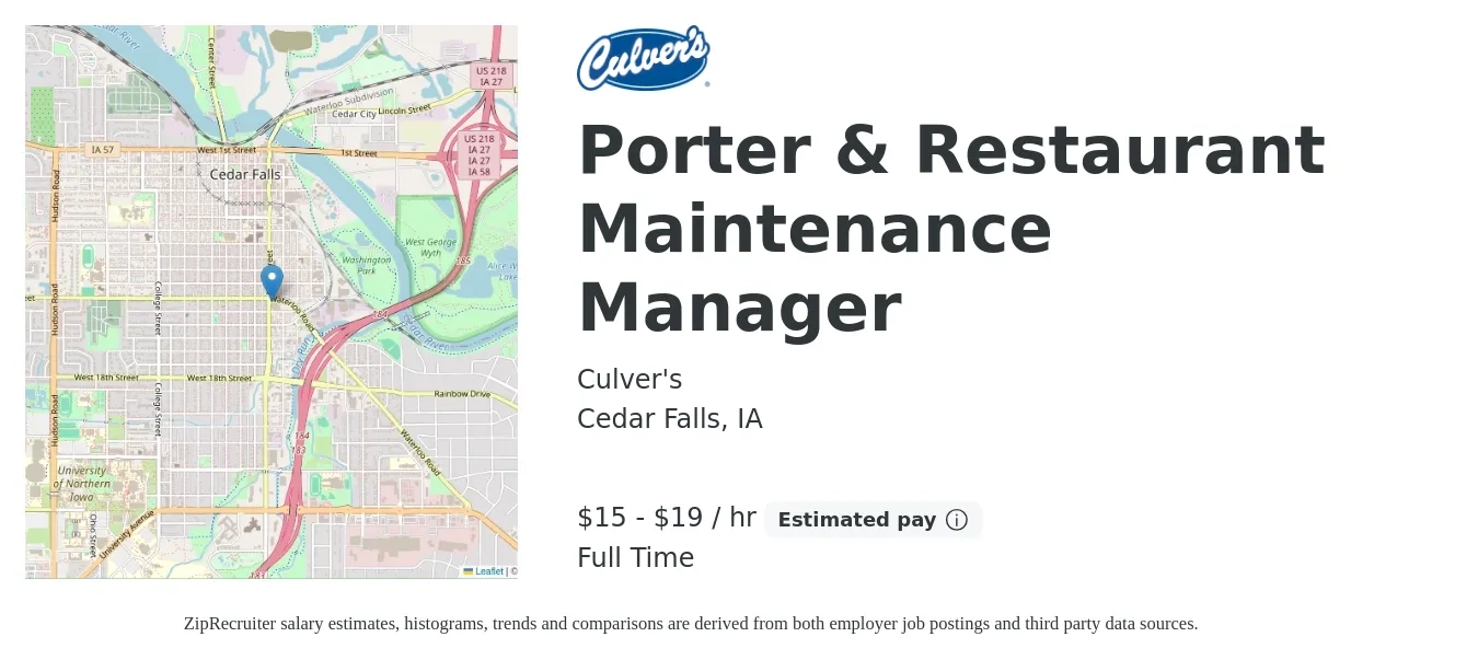 Culver's job posting for a Porter & Restaurant Maintenance Manager in Cedar Falls, IA with a salary of $16 to $20 Hourly with a map of Cedar Falls location.