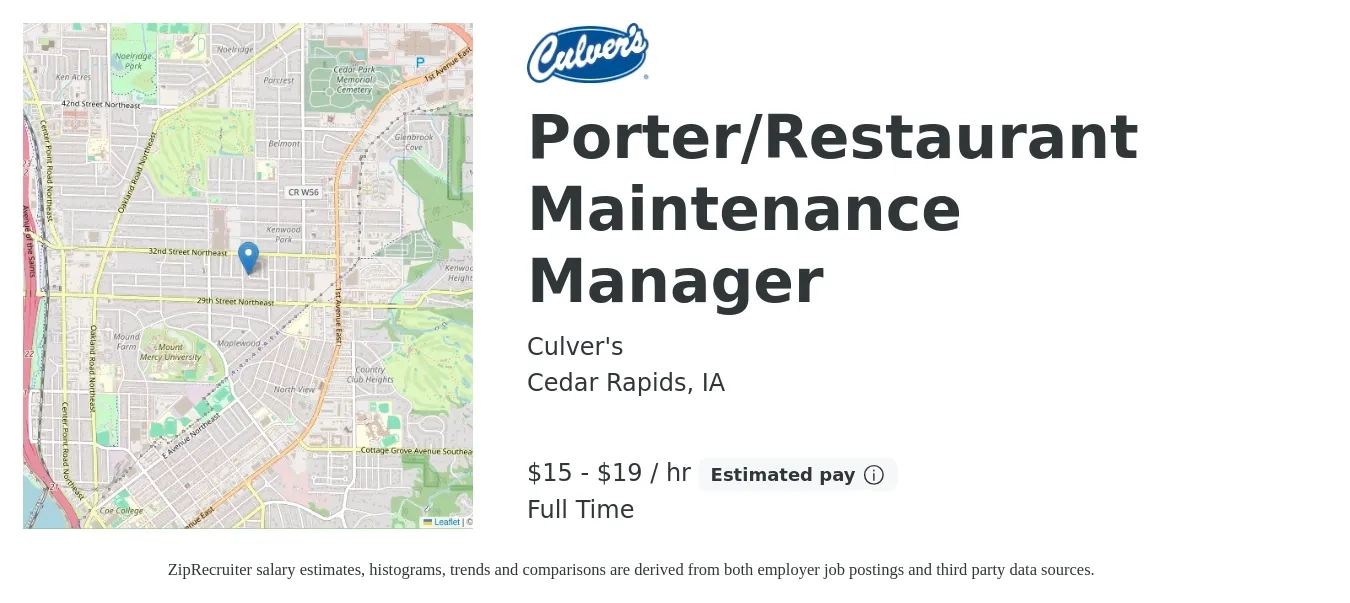 Culver's job posting for a Porter/Restaurant Maintenance Manager in Cedar Rapids, IA with a salary of $16 to $20 Hourly with a map of Cedar Rapids location.