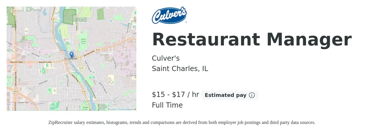 Culver's job posting for a Restaurant Manager in Saint Charles, IL with a salary of $16 to $18 Hourly with a map of Saint Charles location.