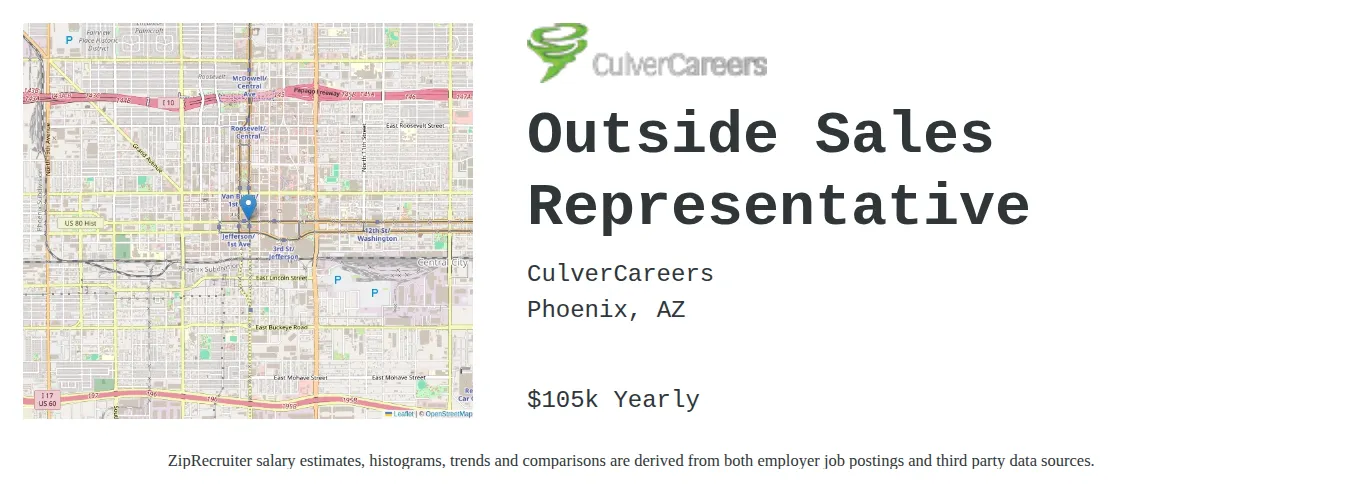 CulverCareers job posting for a Outside Sales Representative in Phoenix, AZ with a salary of $105,000 Annually with a map of Phoenix location.