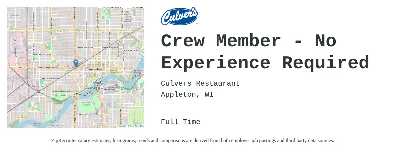Culvers Restaurant job posting for a Crew Member - No Experience Required in Appleton, WI with a salary of $12 to $15 Hourly and benefits including Medical, Vision, and Dental with a map of Appleton location.