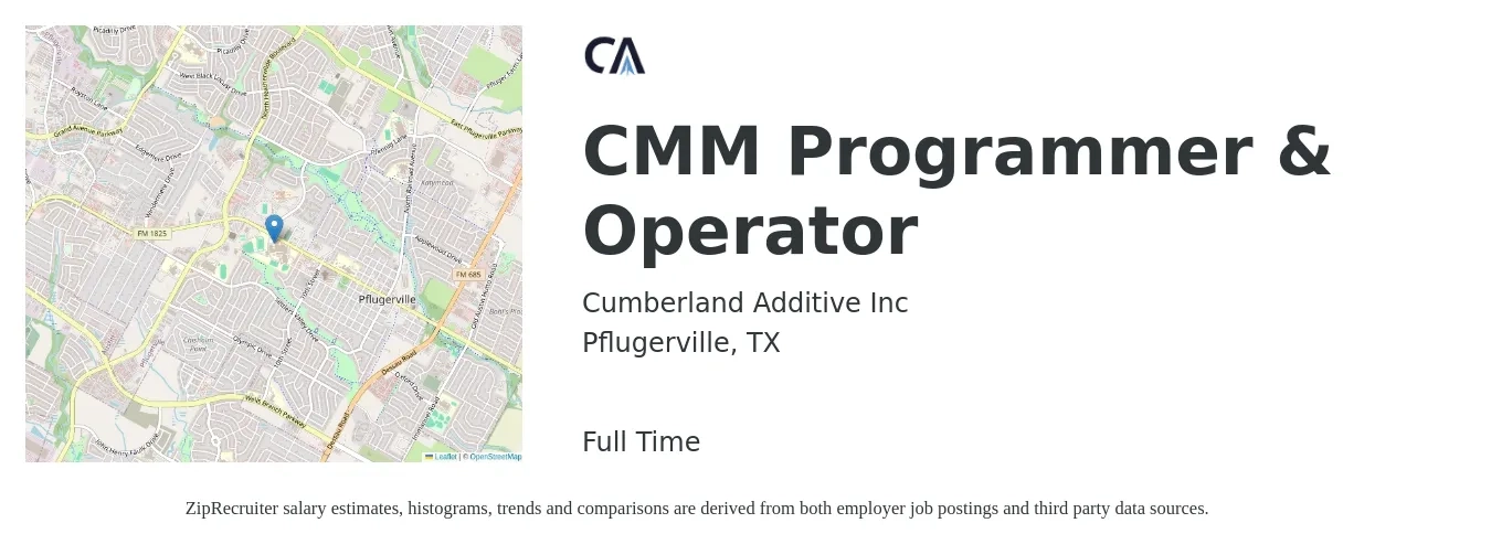 Cumberland Additive Inc job posting for a CMM Programmer & Operator in Pflugerville, TX with a salary of $26 to $36 Hourly with a map of Pflugerville location.