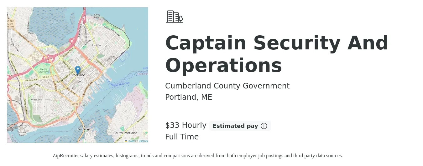 Cumberland County Government job posting for a Captain Security And Operations in Portland, ME with a salary of $35 Hourly with a map of Portland location.