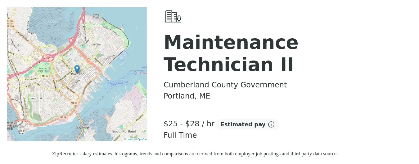 Cumberland County Government job posting for a Maintenance Technician II in Portland, ME with a salary of $26 to $29 Hourly with a map of Portland location.