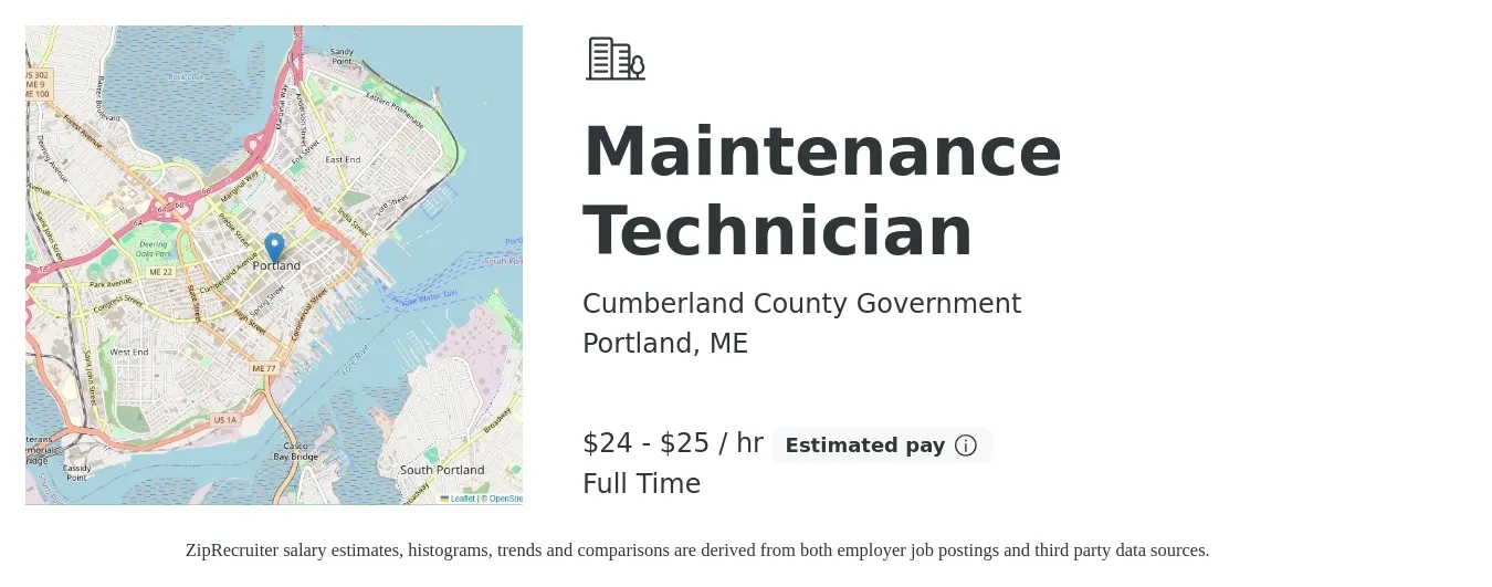 Cumberland County Government job posting for a Maintenance Technician in Portland, ME with a salary of $26 to $27 Hourly with a map of Portland location.