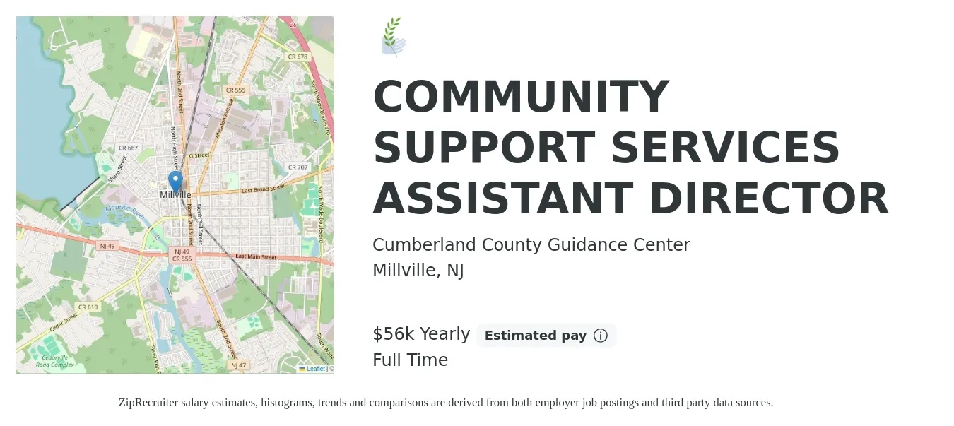 Cumberland County Guidance Center job posting for a COMMUNITY SUPPORT SERVICES ASSISTANT DIRECTOR in Millville, NJ with a salary of $56,100 Yearly with a map of Millville location.