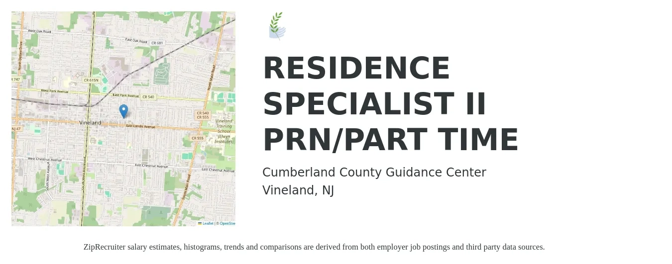 Cumberland County Guidance Center job posting for a RESIDENCE SPECIALIST II PRN/PART TIME in Vineland, NJ with a salary of $22 to $35 Hourly with a map of Vineland location.