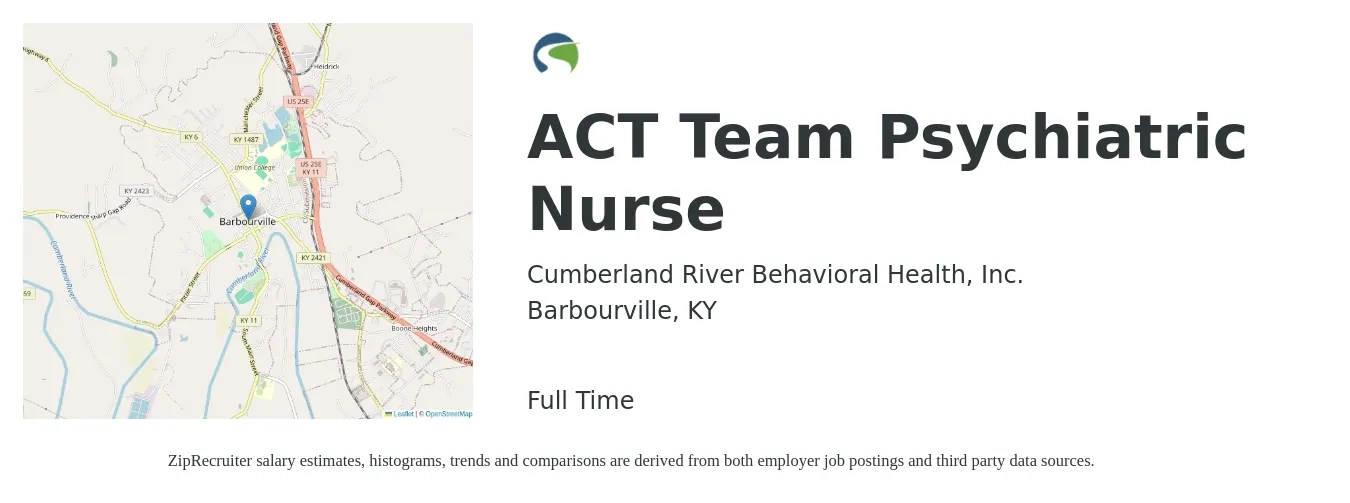 Cumberland River Behavioral Health, Inc. job posting for a ACT Team Psychiatric Nurse in Barbourville, KY with a salary of $26 to $43 Hourly with a map of Barbourville location.