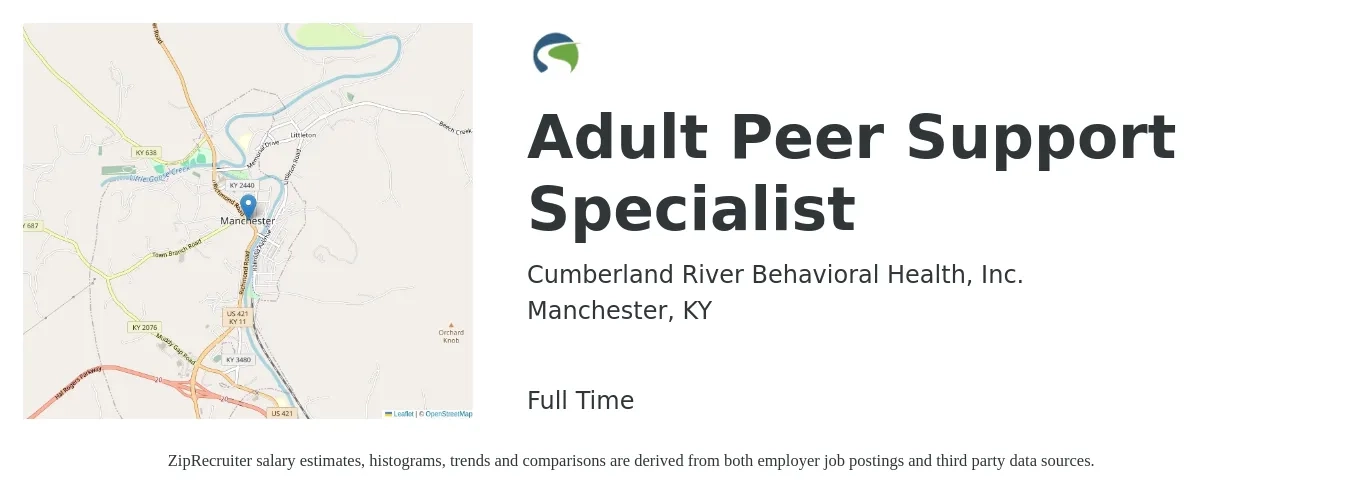 Cumberland River Behavioral Health, Inc. job posting for a Adult Peer Support Specialist in Manchester, KY with a salary of $12 to $15 Hourly with a map of Manchester location.