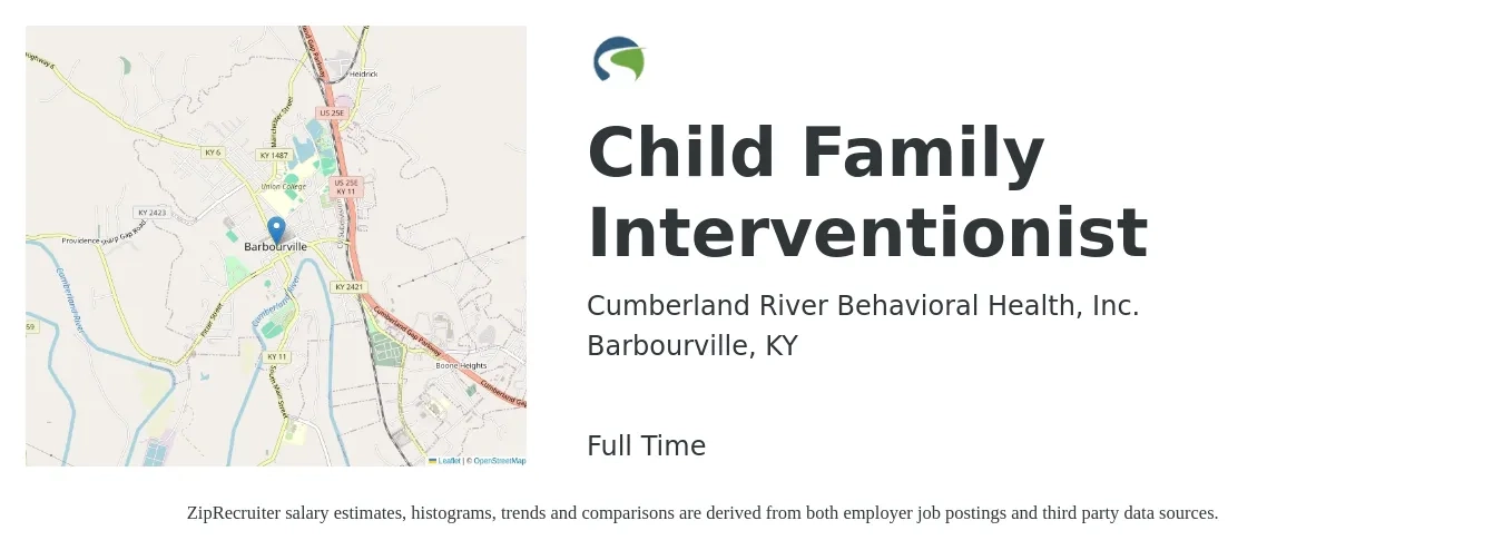 Cumberland River Behavioral Health, Inc. job posting for a Child Family Interventionist in Barbourville, KY with a salary of $16 to $22 Hourly with a map of Barbourville location.