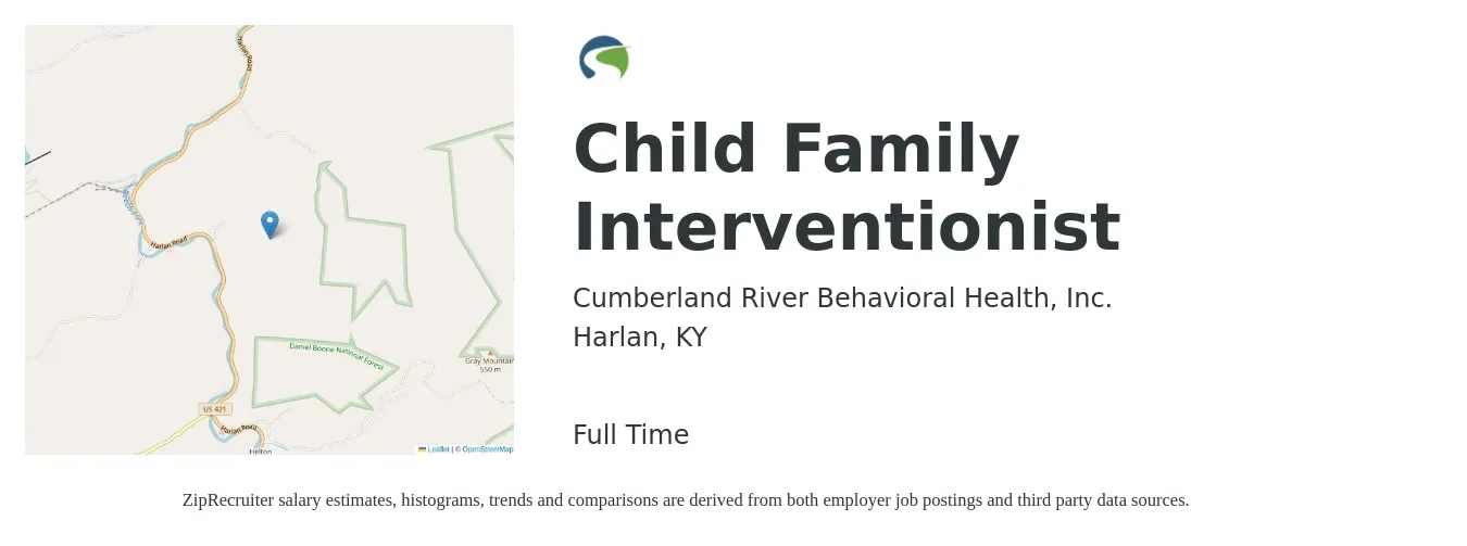 Cumberland River Behavioral Health, Inc. job posting for a Child Family Interventionist in Harlan, KY with a salary of $20 to $27 Hourly with a map of Harlan location.