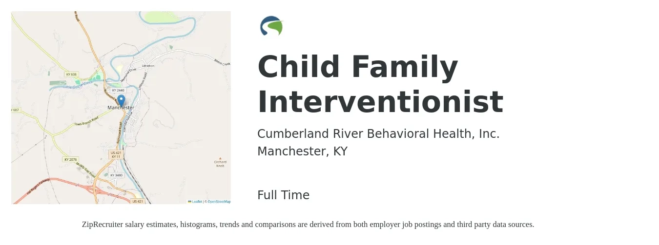 Cumberland River Behavioral Health, Inc. job posting for a Child Family Interventionist in Manchester, KY with a salary of $13 to $18 Hourly with a map of Manchester location.