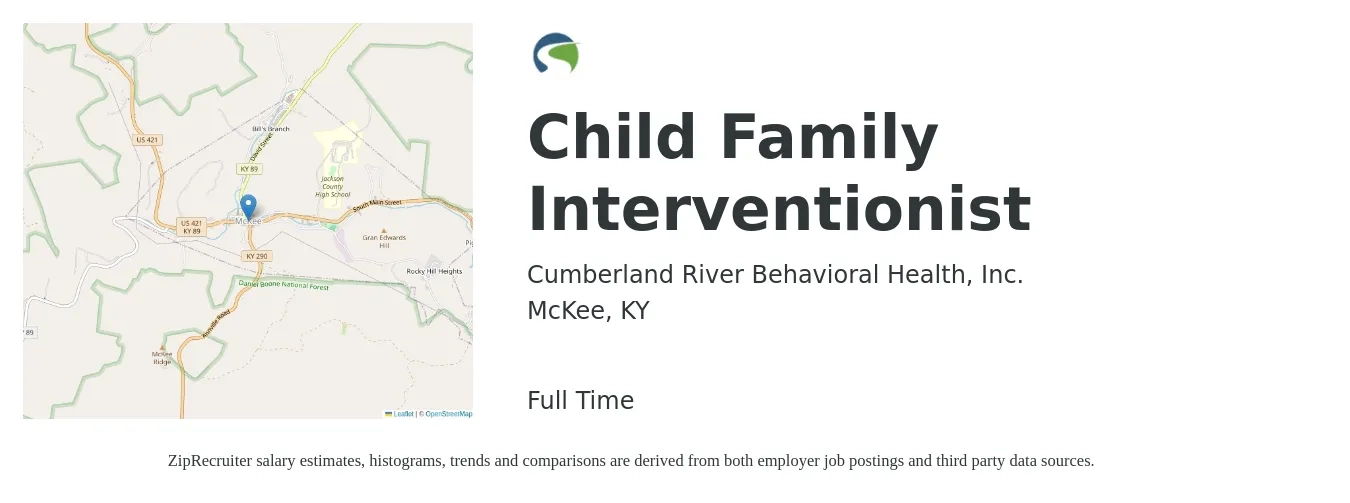 Cumberland River Behavioral Health, Inc. job posting for a Child Family Interventionist in McKee, KY with a salary of $16 to $21 Hourly with a map of McKee location.