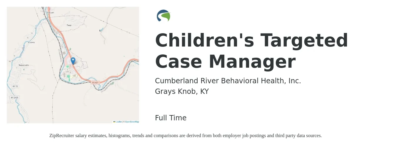Cumberland River Behavioral Health, Inc. job posting for a Children's Targeted Case Manager in Grays Knob, KY with a salary of $17 to $22 Hourly with a map of Grays Knob location.