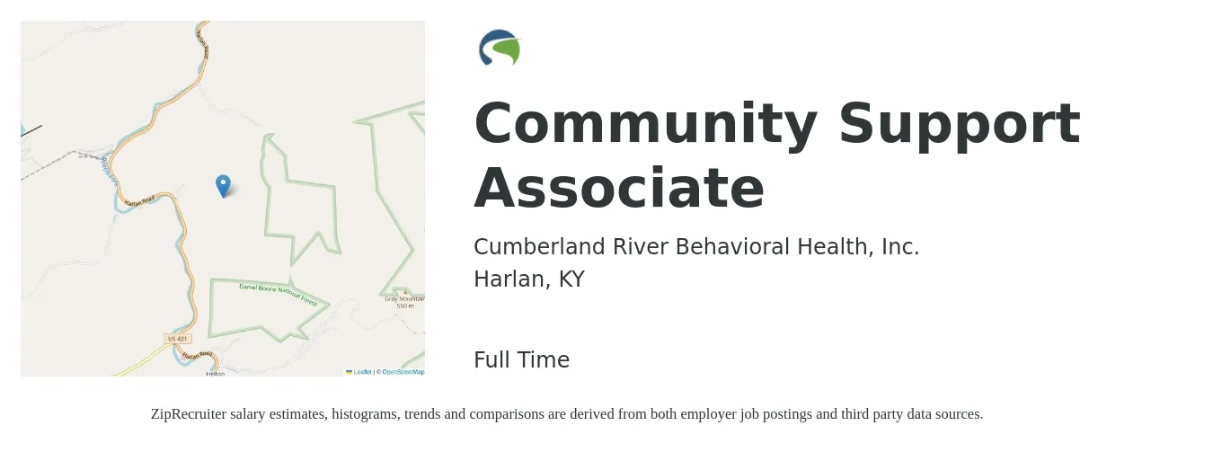 Cumberland River Behavioral Health, Inc. job posting for a Community Support Associate in Harlan, KY with a salary of $17 to $20 Hourly with a map of Harlan location.