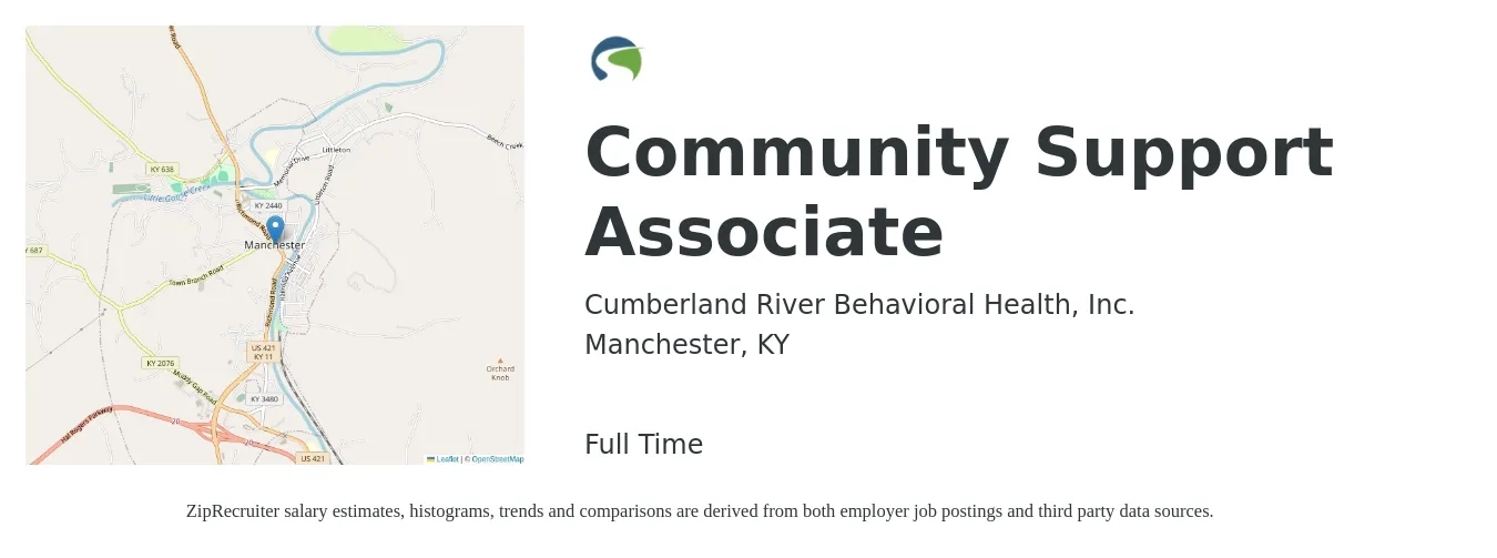 Cumberland River Behavioral Health, Inc. job posting for a Community Support Associate in Manchester, KY with a salary of $11 to $13 Hourly with a map of Manchester location.