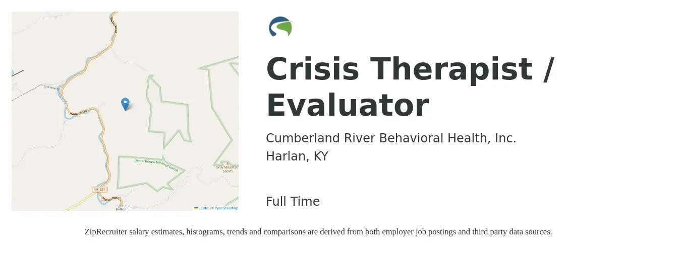 Cumberland River Behavioral Health, Inc. job posting for a Crisis Therapist / Evaluator in Harlan, KY with a salary of $44,800 to $80,100 Yearly with a map of Harlan location.