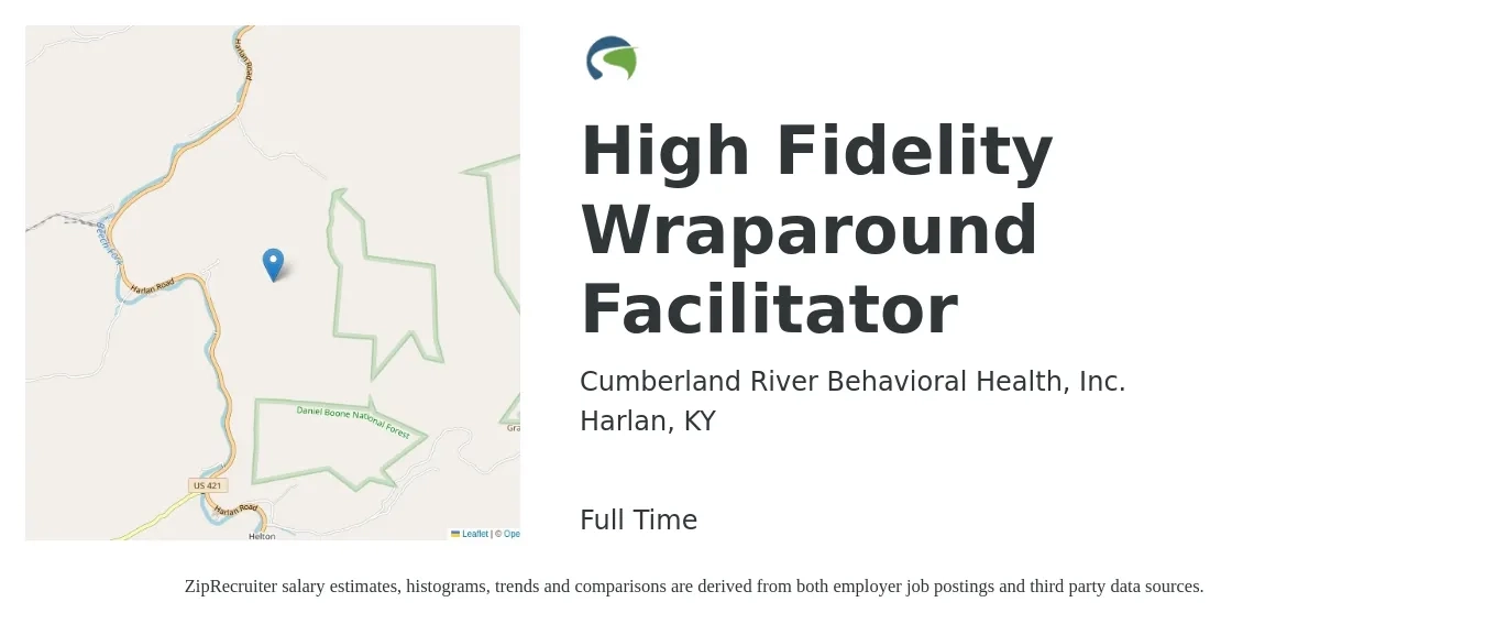 Cumberland River Behavioral Health, Inc. job posting for a High Fidelity Wraparound Facilitator in Harlan, KY with a salary of $21 to $30 Hourly with a map of Harlan location.