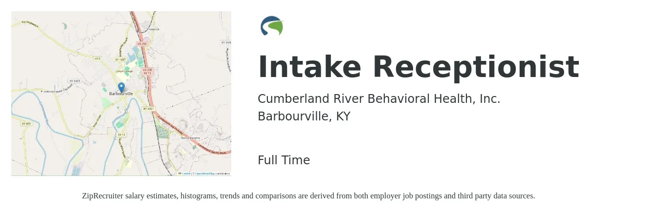 Cumberland River Behavioral Health, Inc. job posting for a Intake Receptionist in Barbourville, KY with a salary of $13 to $17 Hourly with a map of Barbourville location.