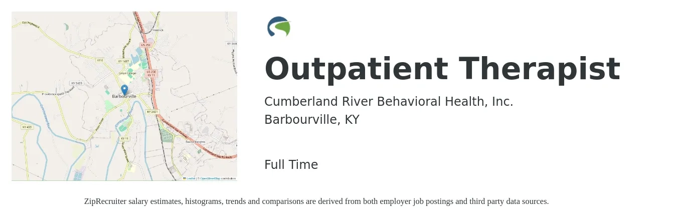 Cumberland River Behavioral Health, Inc. job posting for a Outpatient Therapist in Barbourville, KY with a salary of $41,500 to $57,500 Yearly with a map of Barbourville location.