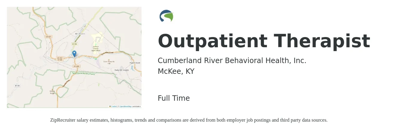 Cumberland River Behavioral Health, Inc. job posting for a Outpatient Therapist in McKee, KY with a salary of $40,300 to $55,800 Yearly with a map of McKee location.