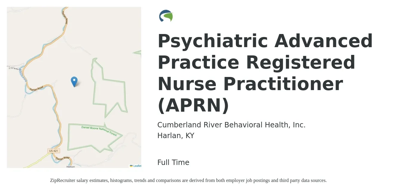 Cumberland River Behavioral Health, Inc. job posting for a Psychiatric Advanced Practice Registered Nurse Practitioner (APRN) in Harlan, KY with a salary of $94,700 to $132,000 Yearly with a map of Harlan location.
