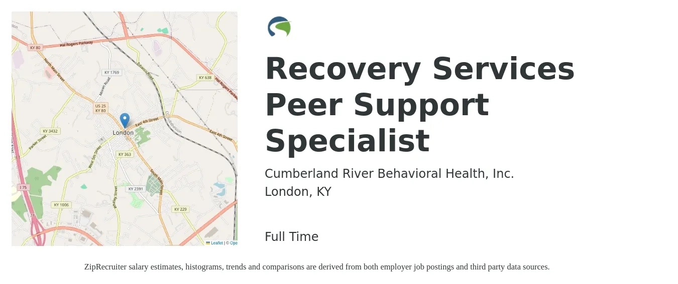 Cumberland River Behavioral Health, Inc. job posting for a Recovery Services Peer Support Specialist in London, KY with a salary of $15 to $19 Hourly with a map of London location.