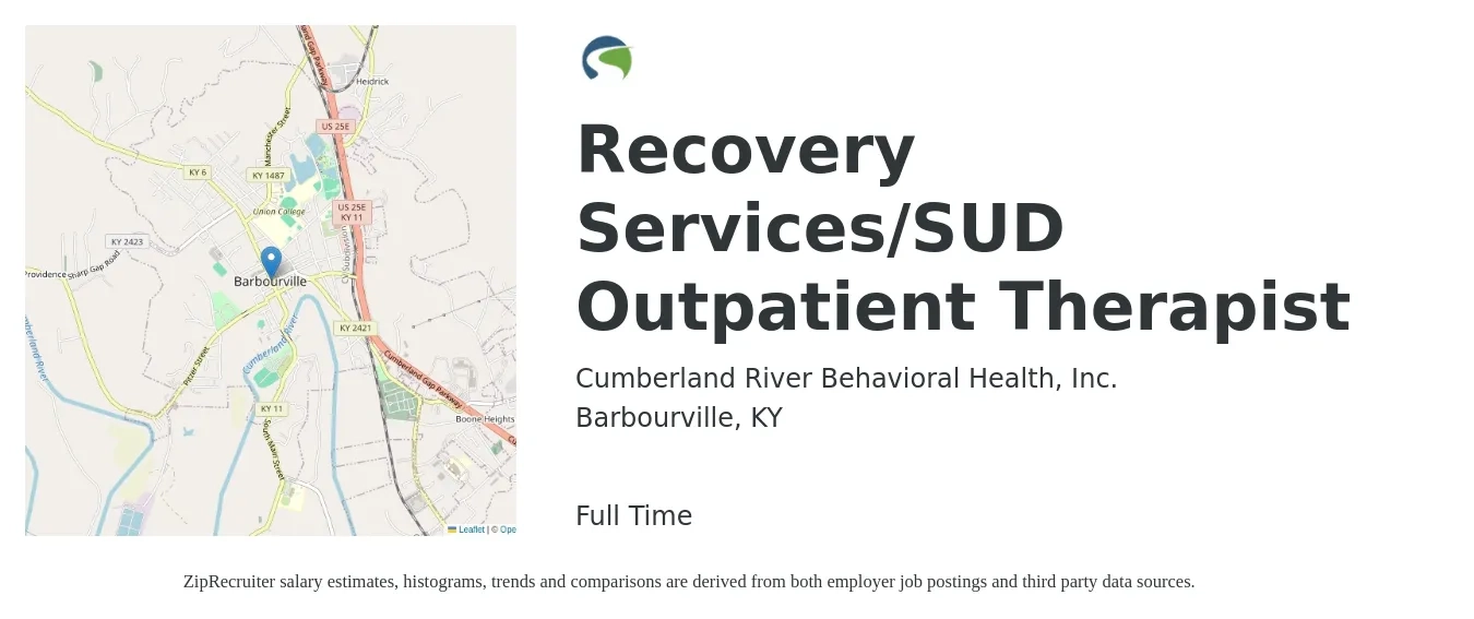 Cumberland River Behavioral Health, Inc. job posting for a Recovery Services/SUD Outpatient Therapist in Barbourville, KY with a salary of $41,500 to $57,500 Yearly with a map of Barbourville location.