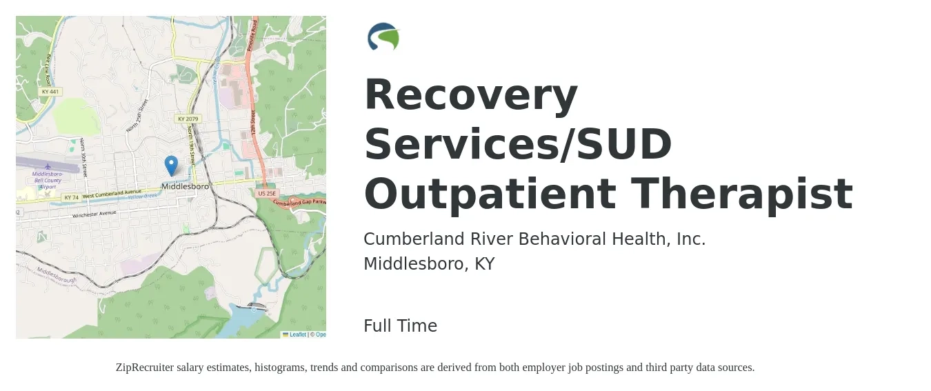 Cumberland River Behavioral Health, Inc. job posting for a Recovery Services/SUD Outpatient Therapist in Middlesboro, KY with a salary of $49,600 to $70,300 Yearly with a map of Middlesboro location.