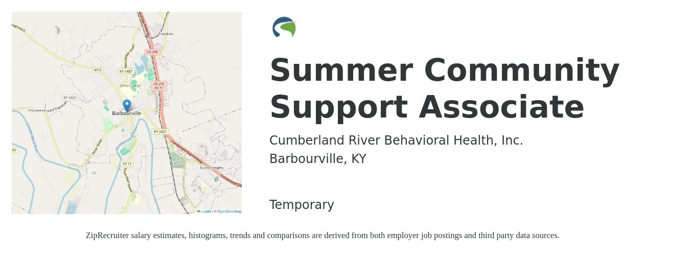 Cumberland River Behavioral Health, Inc. job posting for a Summer Community Support Associate in Barbourville, KY with a salary of $14 to $16 Hourly with a map of Barbourville location.