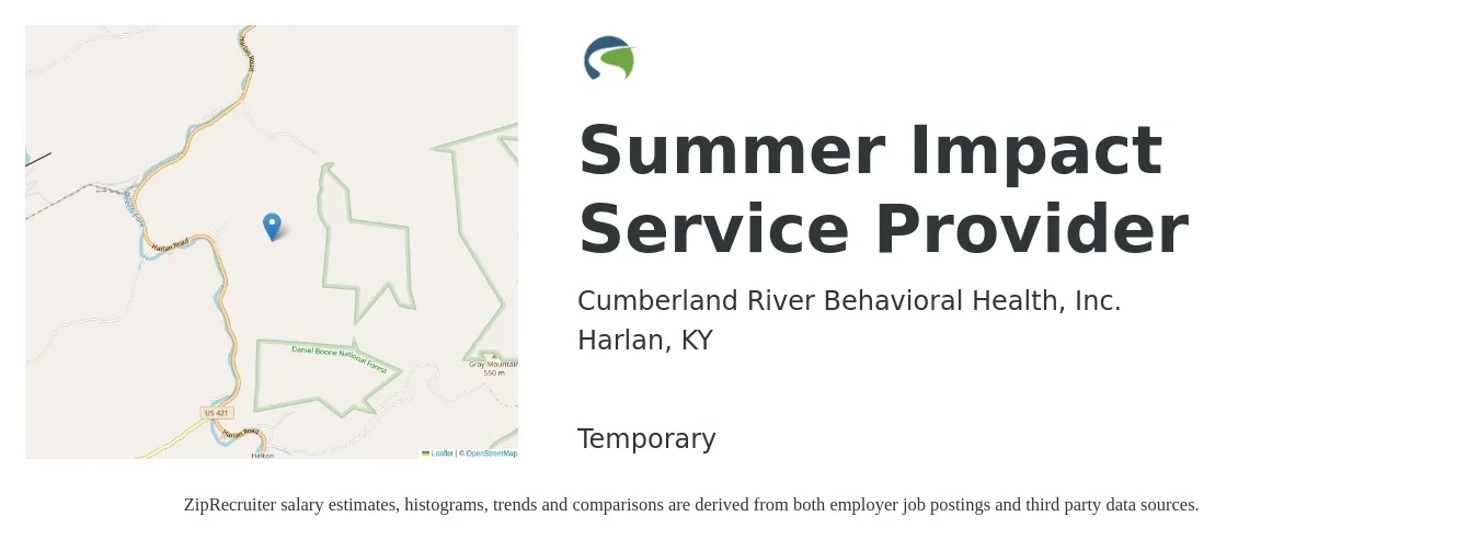 Cumberland River Behavioral Health, Inc. job posting for a Summer Impact Service Provider in Harlan, KY with a salary of $20 to $30 Hourly with a map of Harlan location.