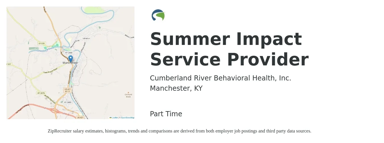 Cumberland River Behavioral Health, Inc. job posting for a Summer Impact Service Provider in Manchester, KY with a salary of $13 to $20 Hourly with a map of Manchester location.